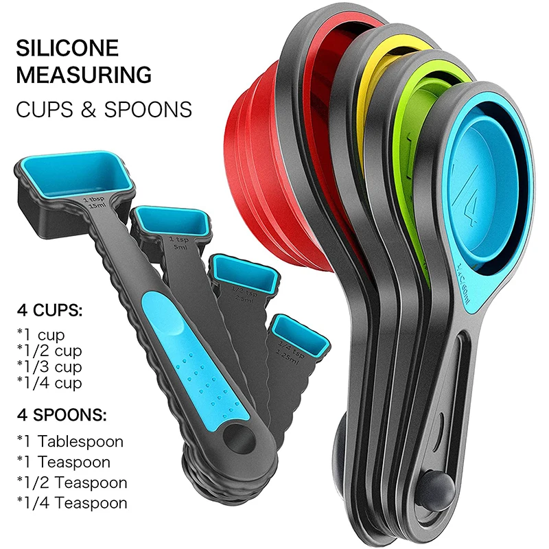 Wholesale 8 Piece Colorful Plastic And Silicone Measuring Cup And Spoon Measuring Cups Set Of Collapsible