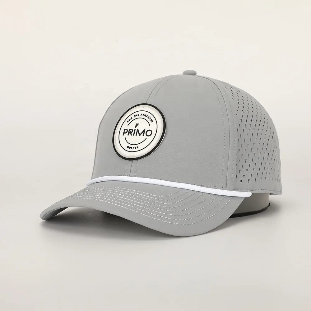 Wholesale Custom PVC Logo 6 Panel Grey Polyester Performance Sport Dad Hat Laser Cut Hole Golf Gorras Rope Baseball Cap