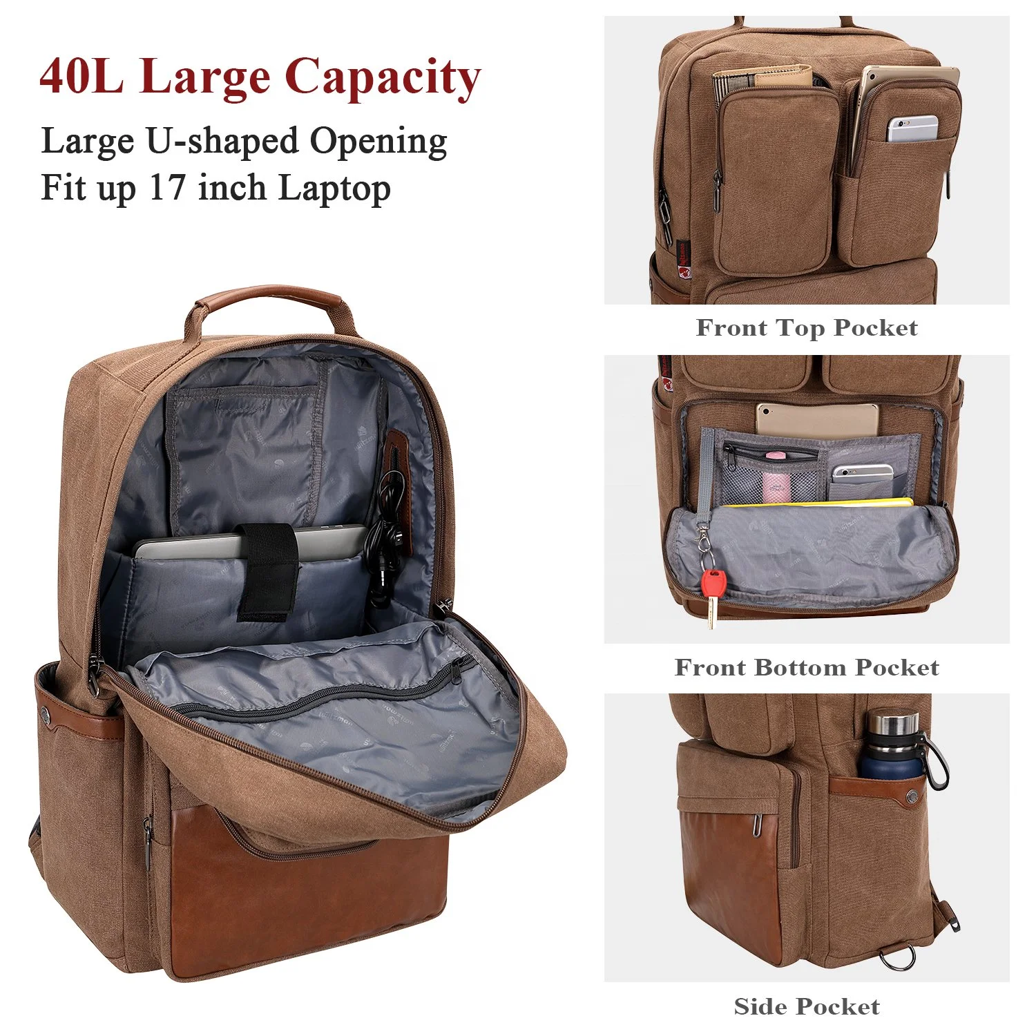 Vintage Canvas Backpack with USB Charging Port Unisex Large Luggage Bag for Travel
