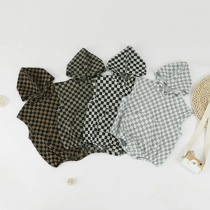 New Trendy Casual Clothes Plaid Design bodysuit Pullover Baby Rompers With Checker Hooded
