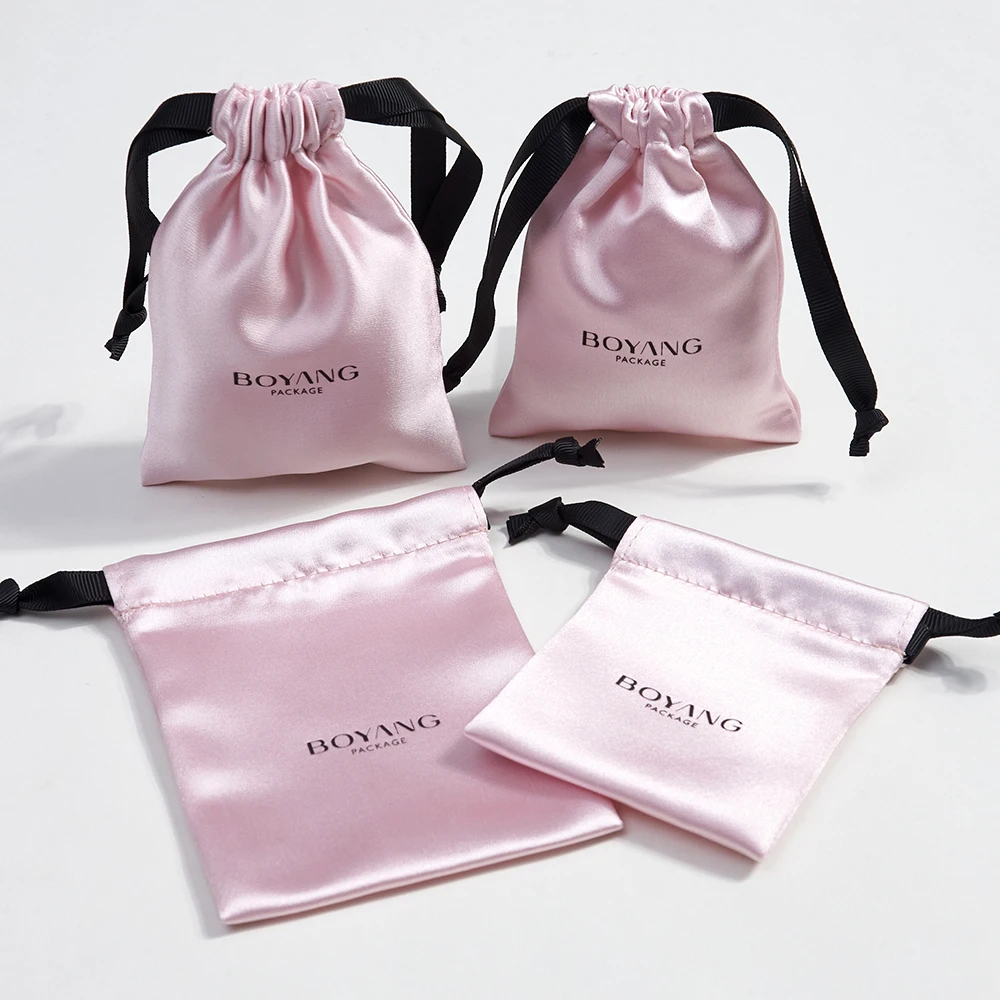 Boyang Wholesale Small Drawstring Pink Silk Satin Jewelry Pouch Bag Custom Logo