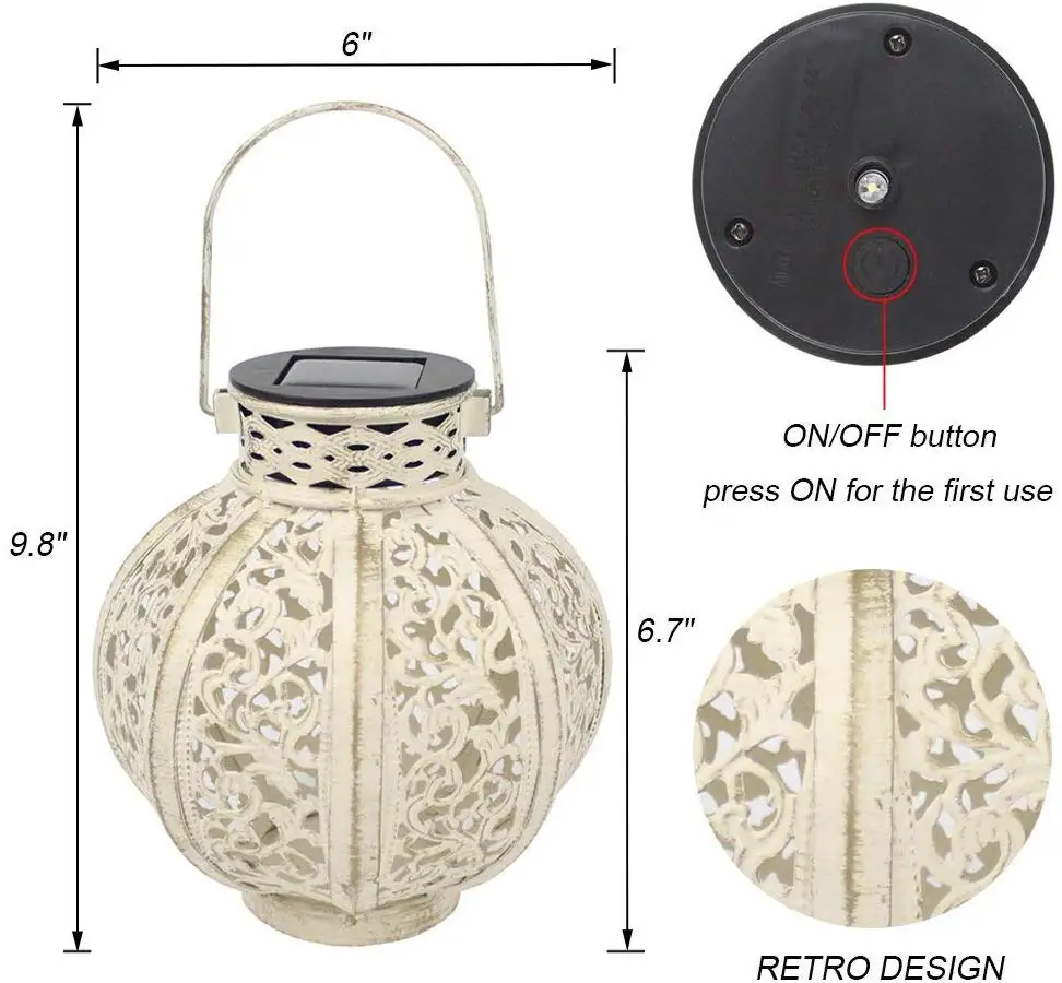 Hanging Portable Retro European Style Hollow Carved White LED Lantern Light Outdoor Waterproof Solar Power Table Decorative Lamp