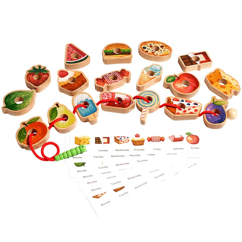 Montessori Baby Wood Caterpillar Wearing Rope Threading Game Educational English Food Puzzle Learning Toys For Boys Girls