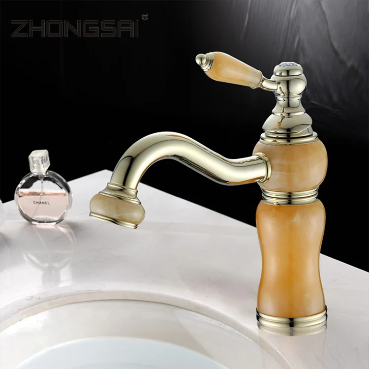 Natural Marble Golden Plated Stone Handle Basin Tap Faucet