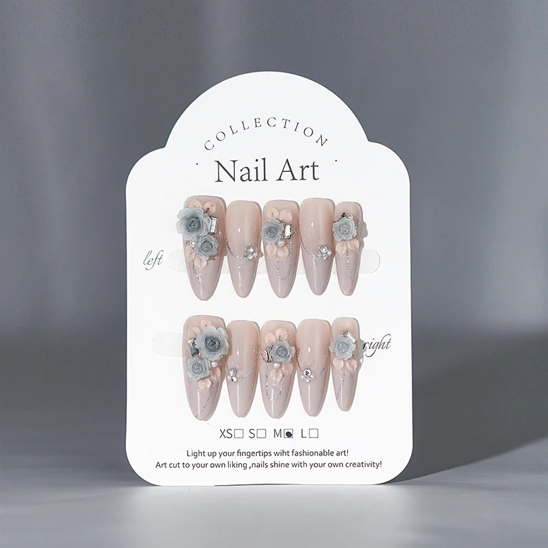 High Quality Luxury Diamond False Nails Extra Long 3D Carving Flower Designer 3D Handmade Press On Nail