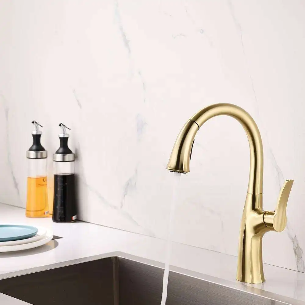 cUPC Brass Brushed Gold Pull Down Water Mixer Sprayer Kitchen Sink Faucet
