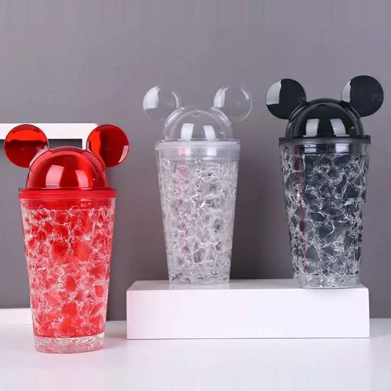 Seaygift 2021amazon hot selling double wall summer fruit juice clear straw water bottle mouse ear shape plastic tumbler cups