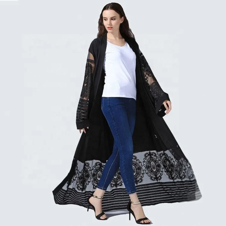 
New model clothing in dubai embroidery flower front open abaya with belt 