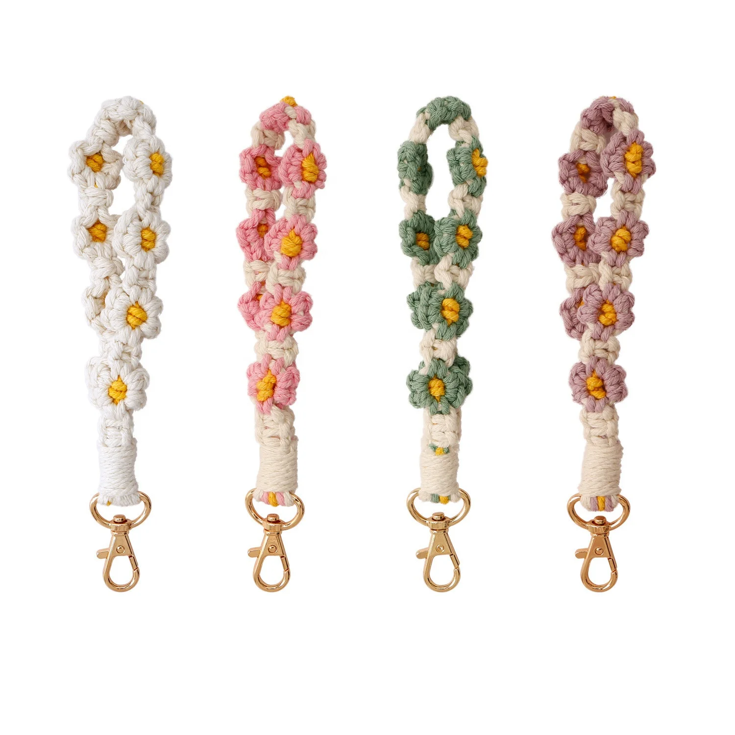 2023 Handmade Woven Boho Flower Macrame Keychain Wristlet Weave Keyring Holder Bracelet Handmade Wrist Lanyard for Women