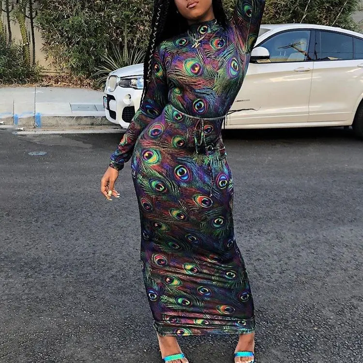 
2021 New Arrivals Chic Printed Long Sleeve Fall Wholesale Dresses Maxi Fashion Designs Long Dress Women -PT 