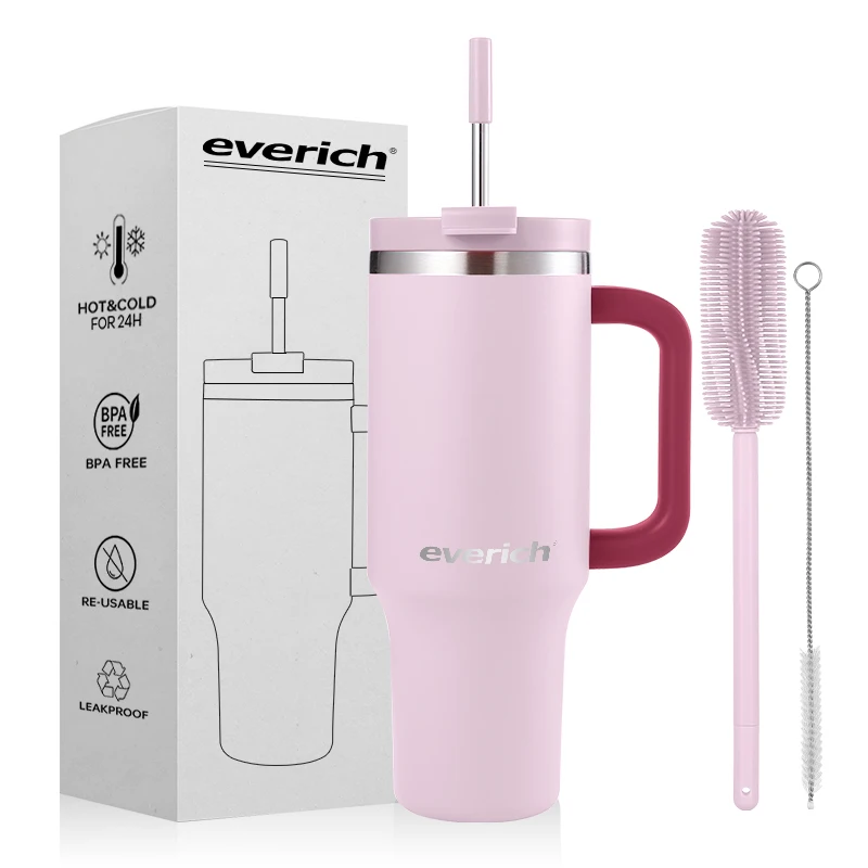 Everich 40oz тумблер ODM с двойной стенкой теплоизолированный 304 стакан из нержавеющей стали ручкой и соломой