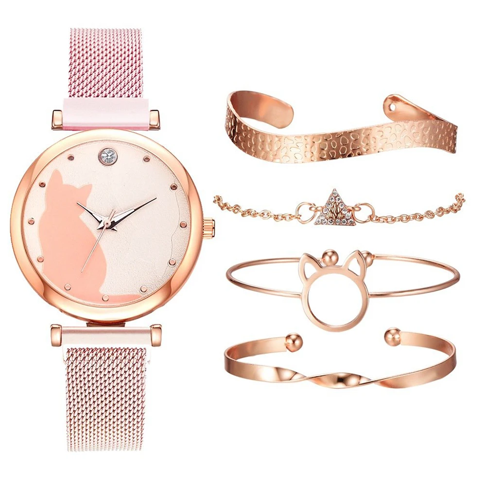 Fashion Watch Set Women Quartz Wristwatch Bracelet Cute Cat Dial  Casual Ladies Watches