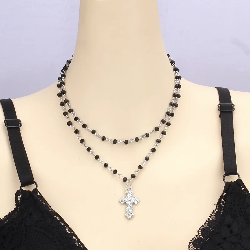 Halloween Hip Hop Alloy Spicy Girl Black Choker Sweet Cool Cross Moon Bead Necklace For Women