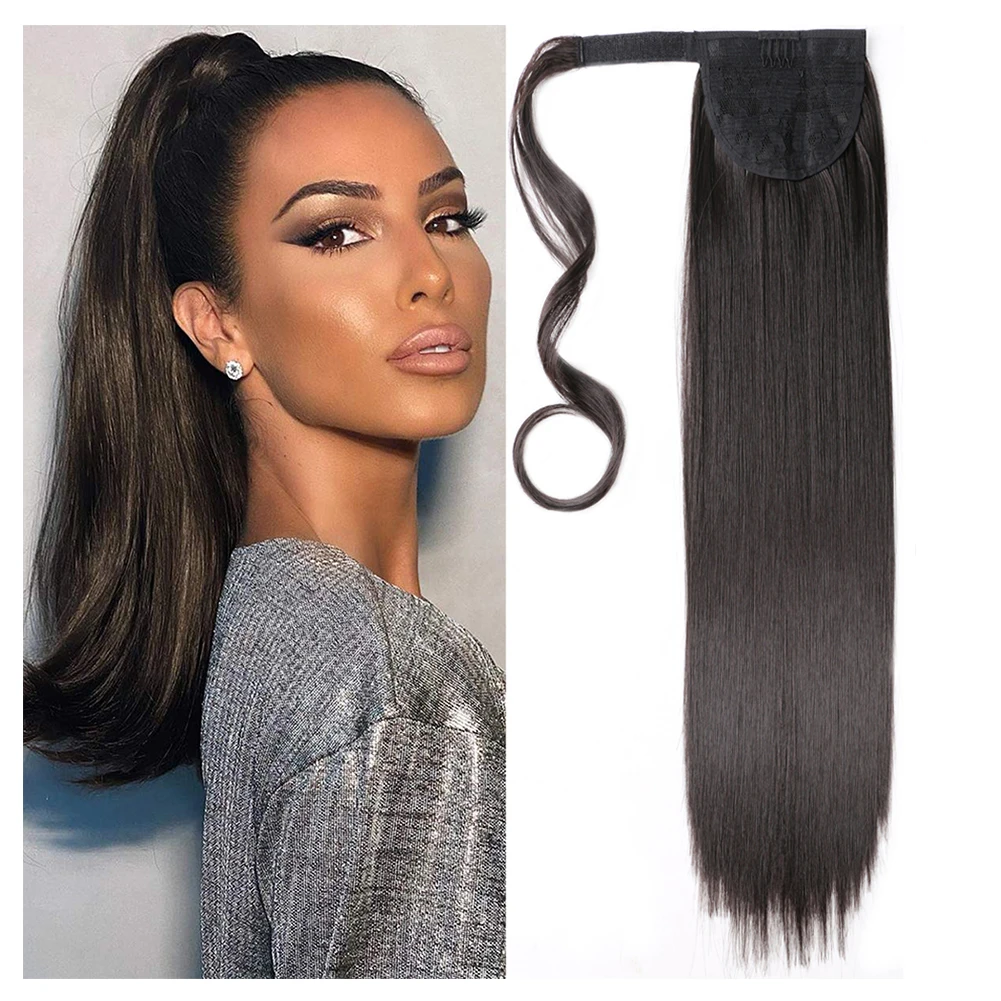 22 Inch Long Silk Synthetic Ponytail Hairpiece Wrap Around Clip In Ponytail Hair Extension