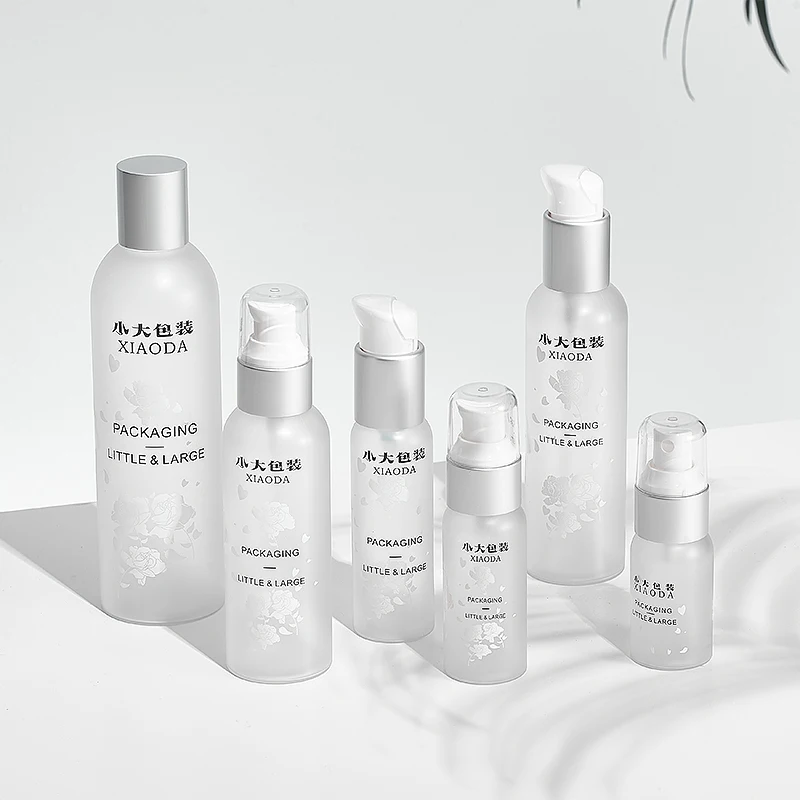 Stock!  Cosmetic packaging skin care set with Matt gold pump , empty clear frosted PET plastic cosmetic bottle with pump sprayer