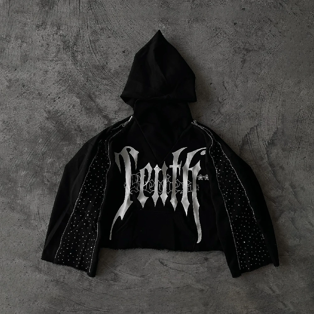 Custom Double Zipper Rhinestone Sleeve Pointy Hood  Screen Printing Logo Raw Hem Raw Edge Cuff Terry 100%Cotton Men Hoodie