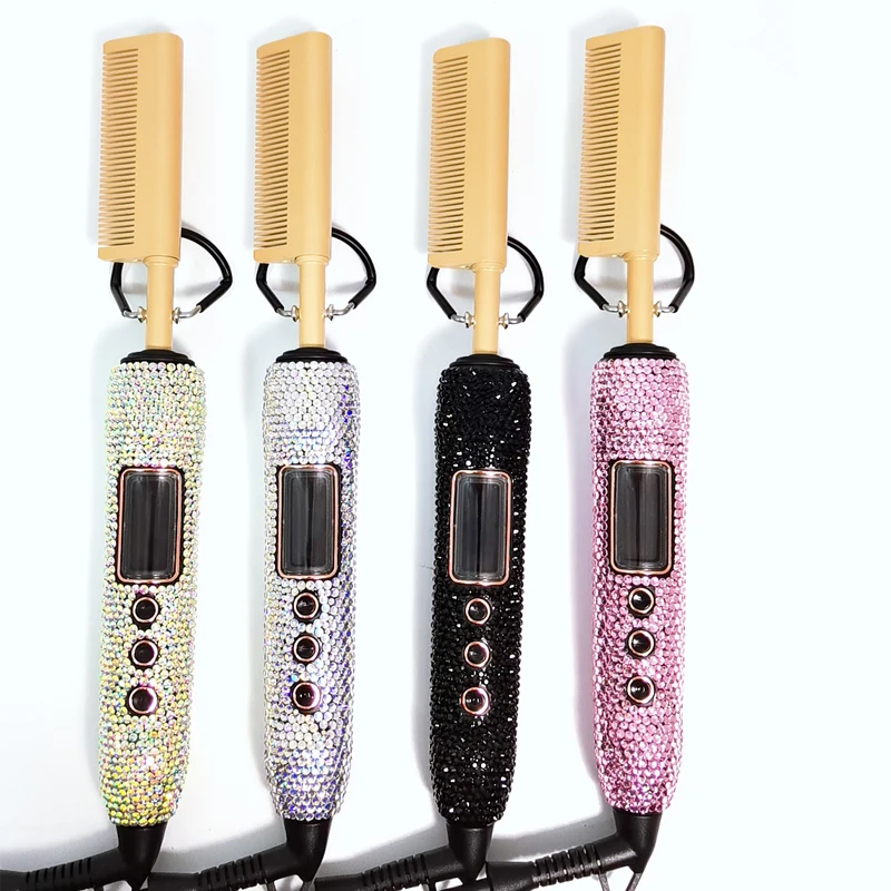 New arrival bling bling electric hot comb 500 degree hair straightening brush digital display hot comb for wig