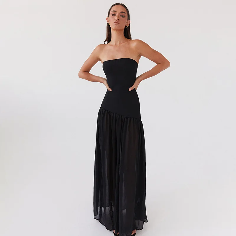 King Mcgreen star New women fashion trend retro strapless sleeveless slit solid color dress