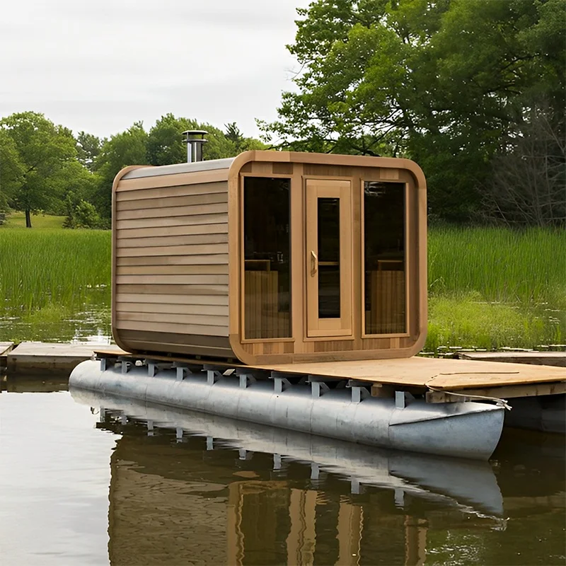High-end Atmospheric Outdoor Red Cedar Cube Sauna Room With Harvia Sauna Stove