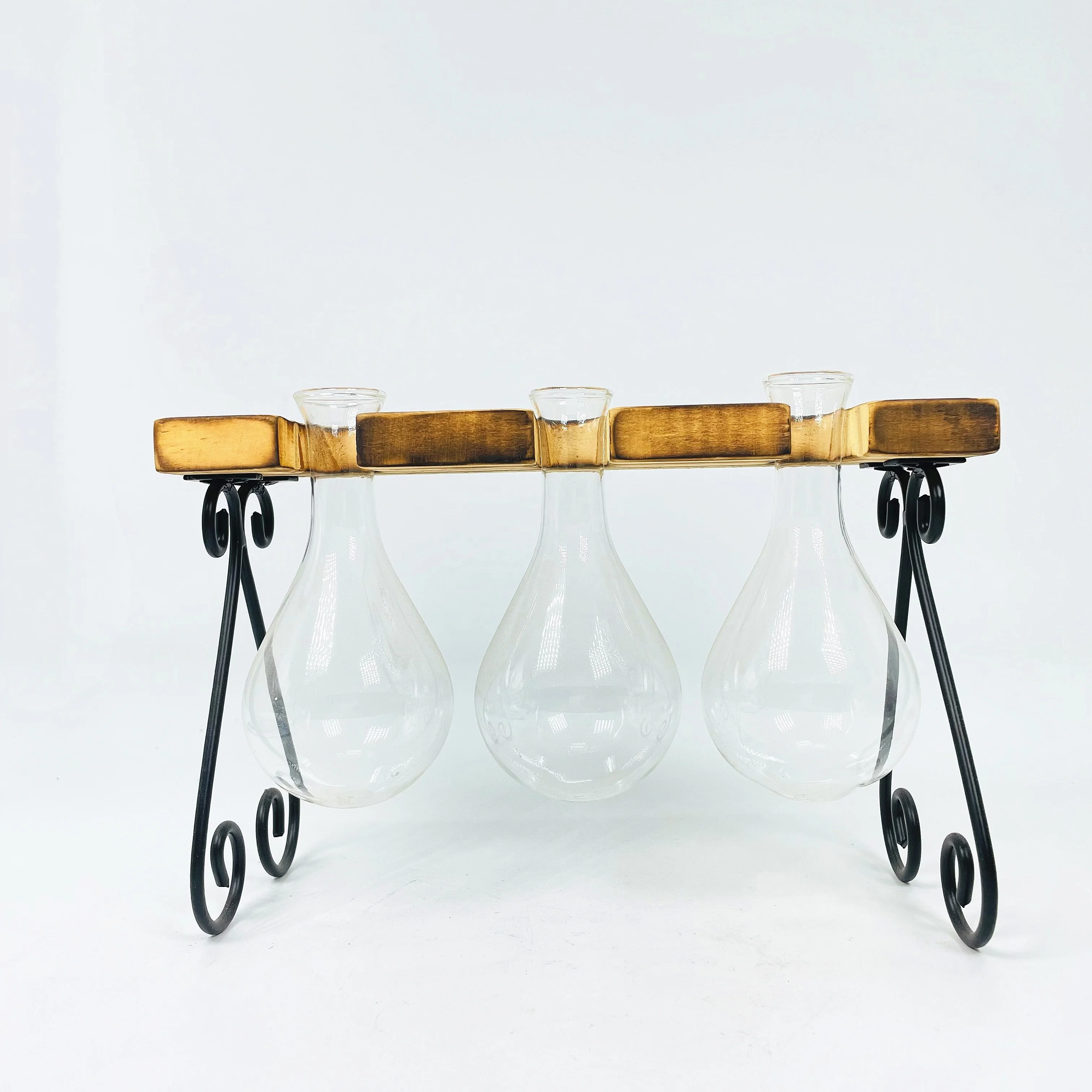 handmade glass hydroponic bottle with Wooden and metal legs for home decoration glass hydroponic vase