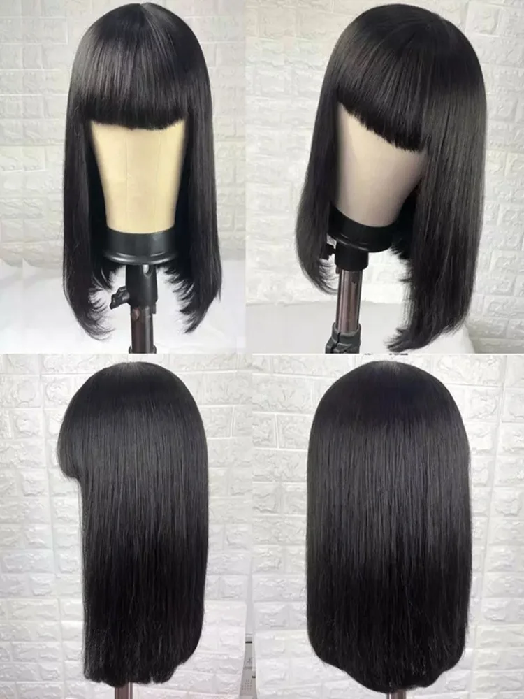 Cuticle Aligned Bangs Virgin Hair Wig Vendor Silky Straight Fringe Wig Human Hair Remy Brazilian Hair Wigs for Black Women