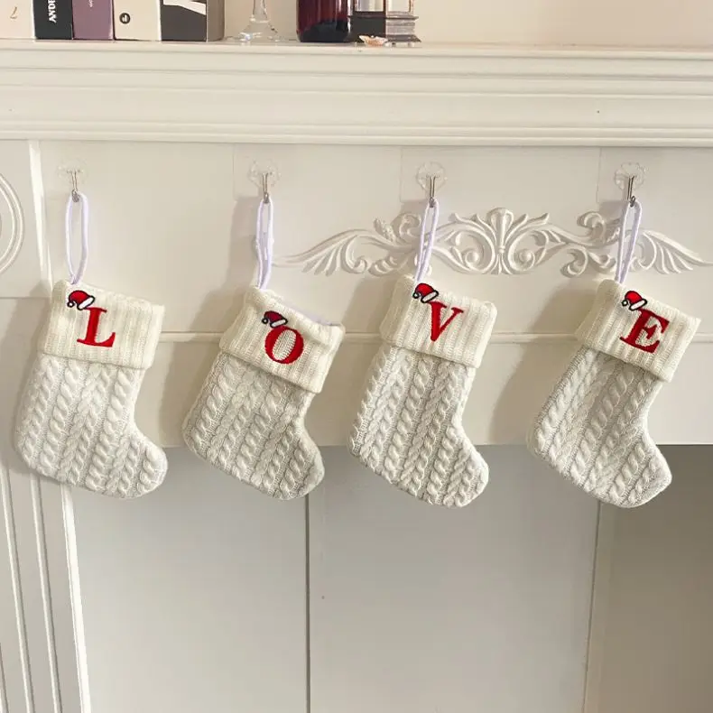 2024 Christmas Socks Red Snowflake Letters Christmas knitting Stocking Christmas Tree Decoration For Home Xmas Ornament Gift