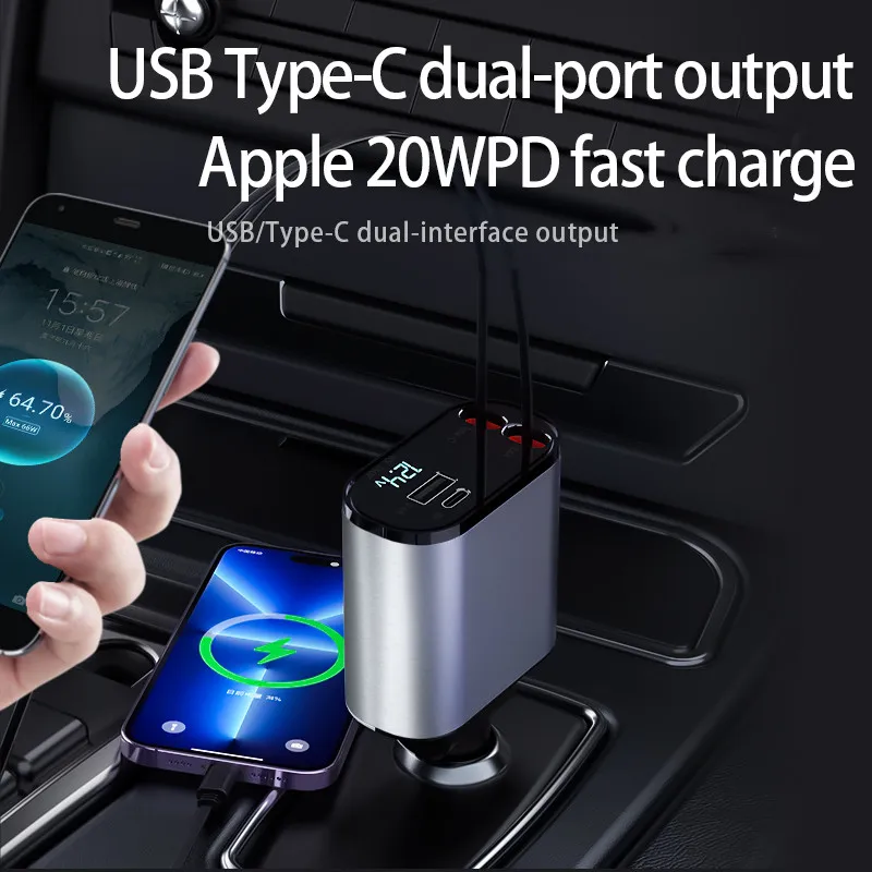 HY 2024 New 100W Fast Quick Charging Cable Storage Led Digital Display Adapter 2 Port Type C Pd Car Station Charger