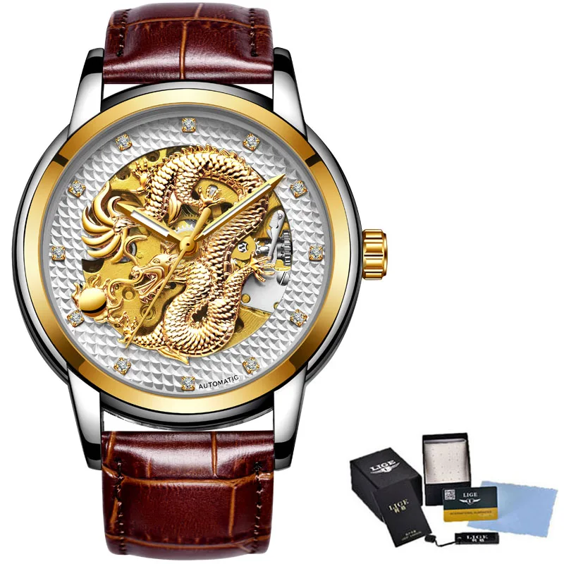 Dragon Skeleton Automatic Mechanical Watches For Men Wrist Watch Stainless Steel Strap Gold Clock 30m Waterproof Mens watch