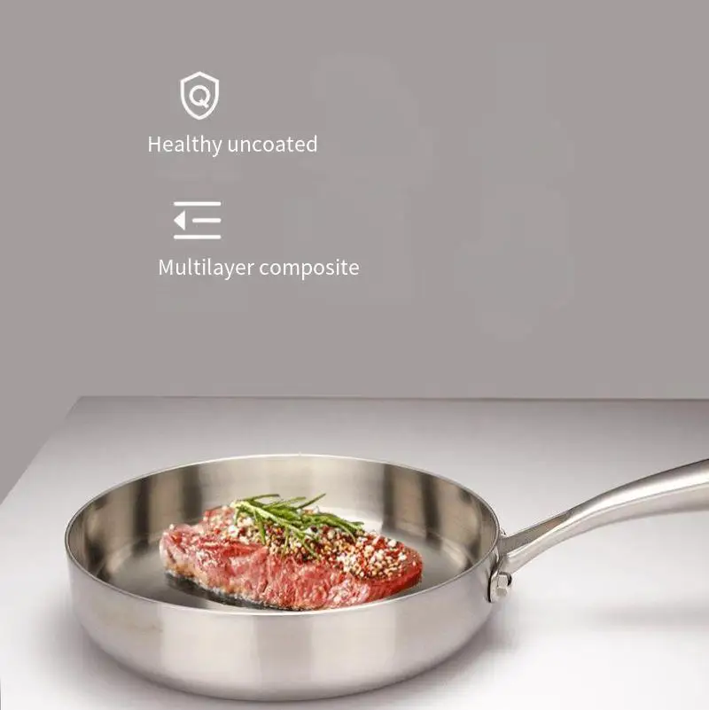 Three layer steel thickened uncoated frying pan exquisite flat bottomed small pan for household use
