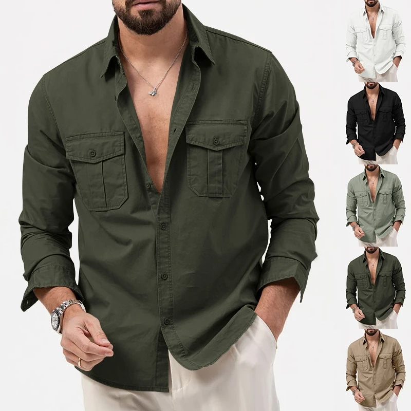 2024 new designer clothes European and American men polo shirts with multiple pockets and casual long sleeved shirt for men