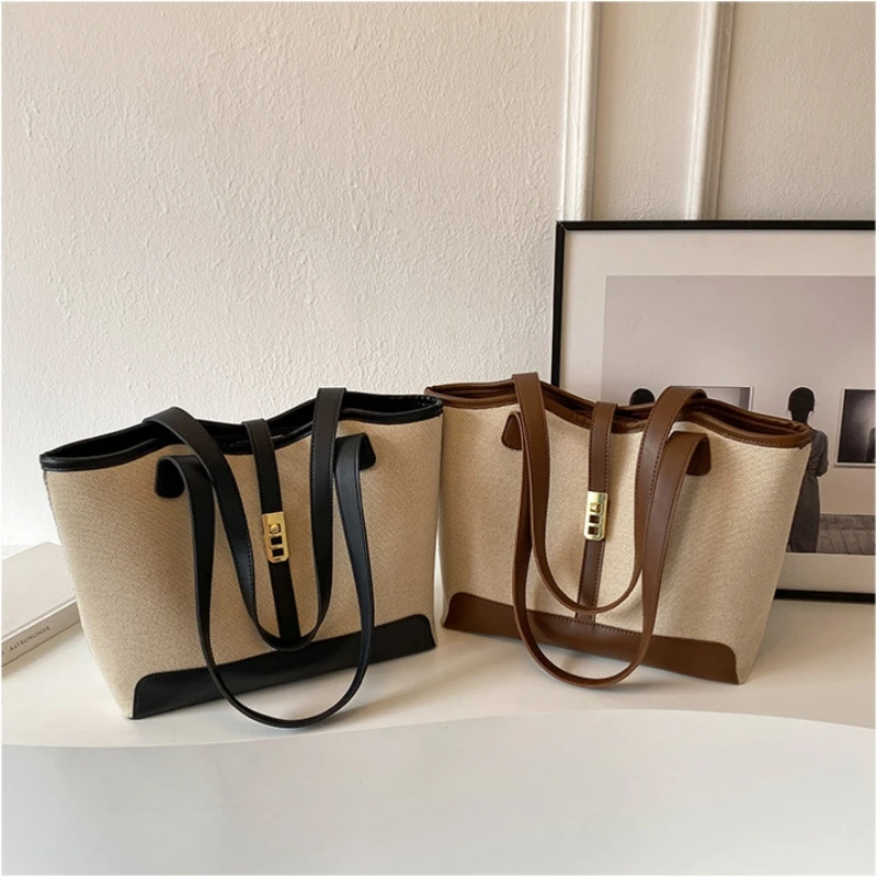 2024 Korean Style Woman Canvas Fabric Tote Bags Large Woman Handbags for School Simple Stitching Color Luxury Lady Commuting Bag