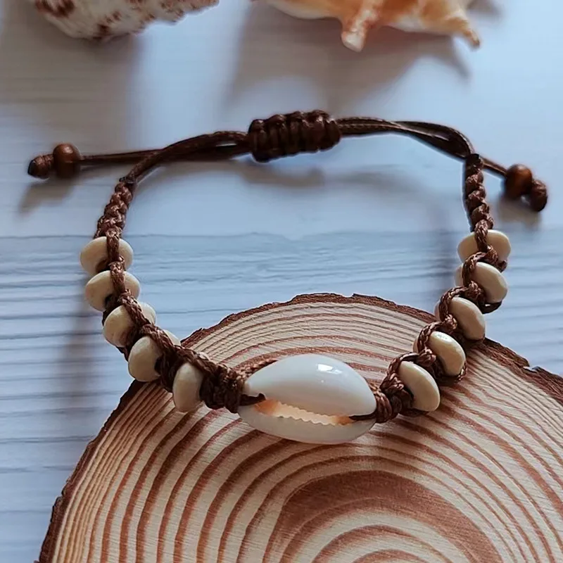 Summer jewelry Natural Wooden Disc Beads Sea Shell Braided Bracelet Adjustable Wax Cord Woven Handmade Ocean Beach Bracelet