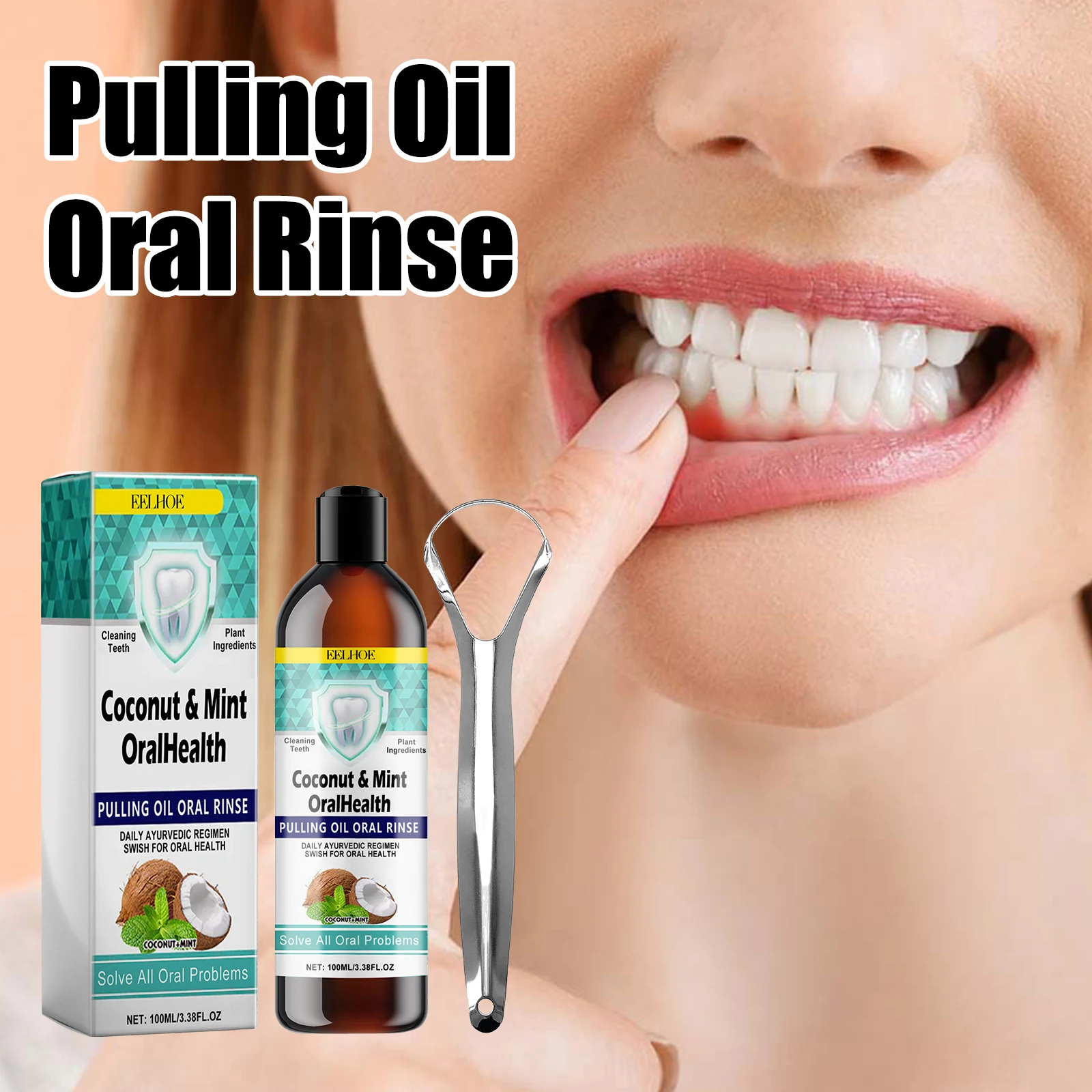 Coconut Oils with Peppermint Alcohol-Free Mouthwash for Fresh Breath &Gum Health Pulling Oil Mouth Wash with Tongue Scraper