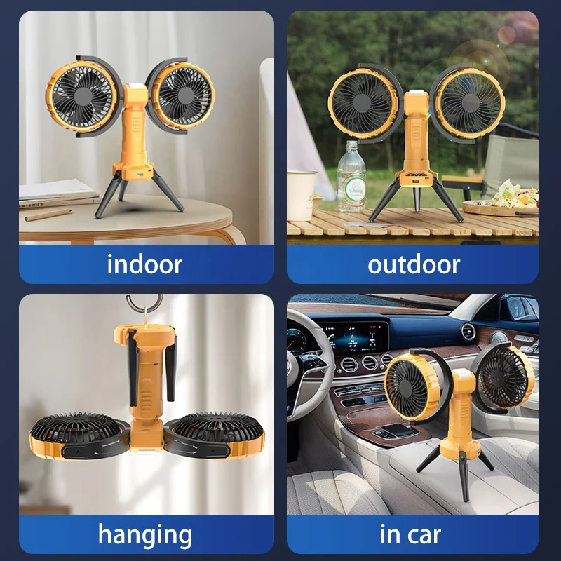 2024 New product F7300 double heads stand fan desktop outdoor camping rechargeable fans with LED, indoor table fans
