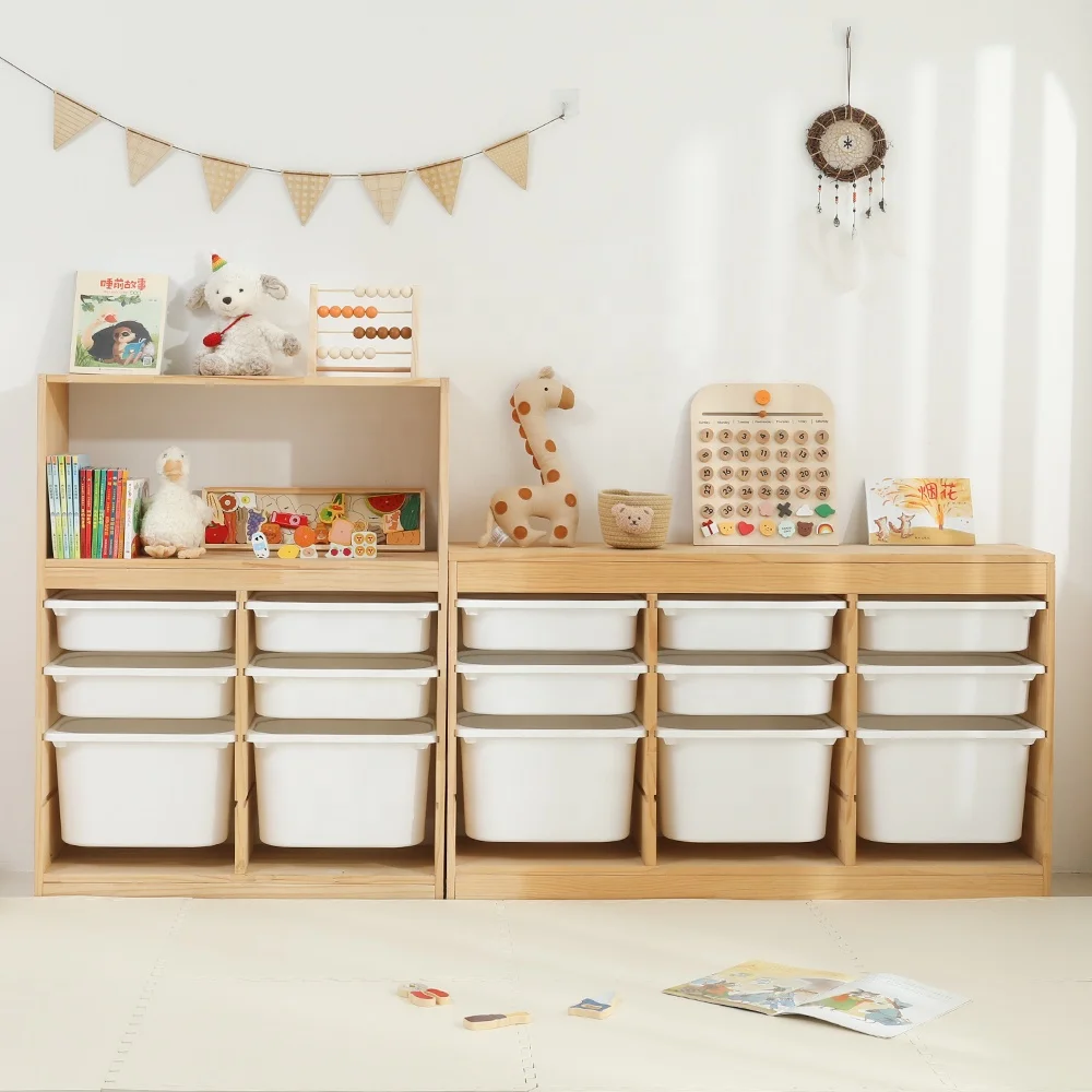 Baby Wardrobe Children Bedroom Solid Wood Shelf Kids Cabinets Toys Storage Organizer with Plastic Storage Bin