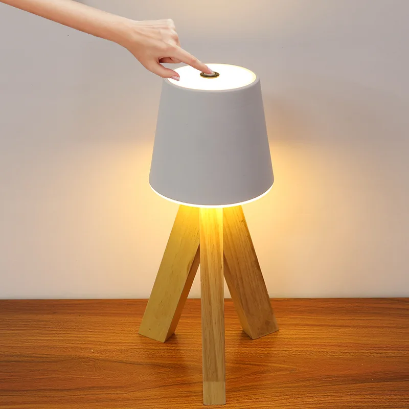 Creative Simplicity Bedroom Decor Night Light Restaurant Touch Portable Battery Wood Tripod Rechargeable Led Table Lamp
