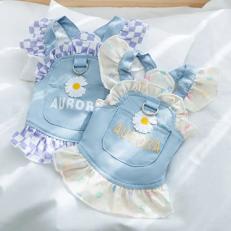 Fast Shipping Wholesale Manufacturer Spring Summer Type Pet Dress 2024 New Design Luxury Denim Cotton Soft Plaid Dog Cat Clothes