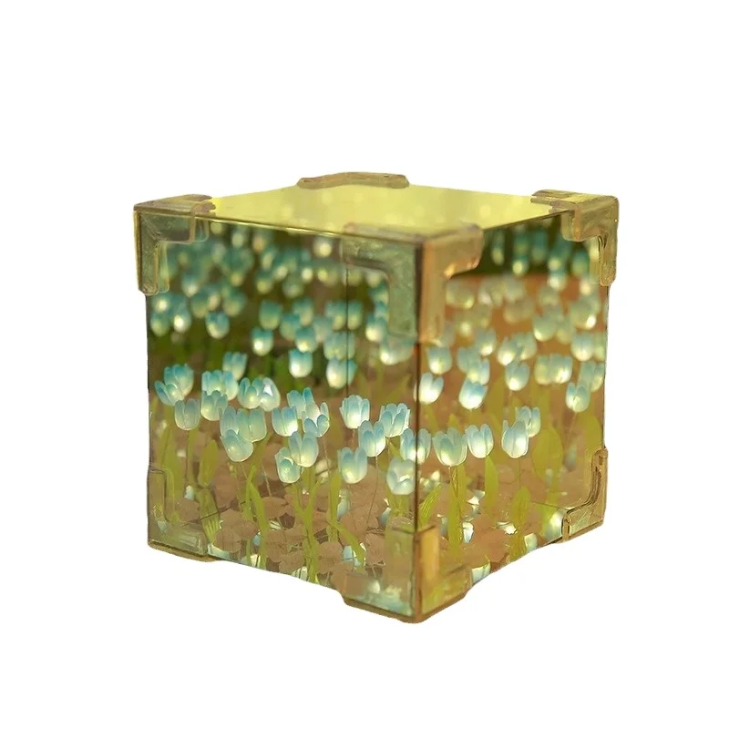 High quality Modern romantic decor DIY acrylic night lamp 3D mirror tulip light with cube shape for bedroom