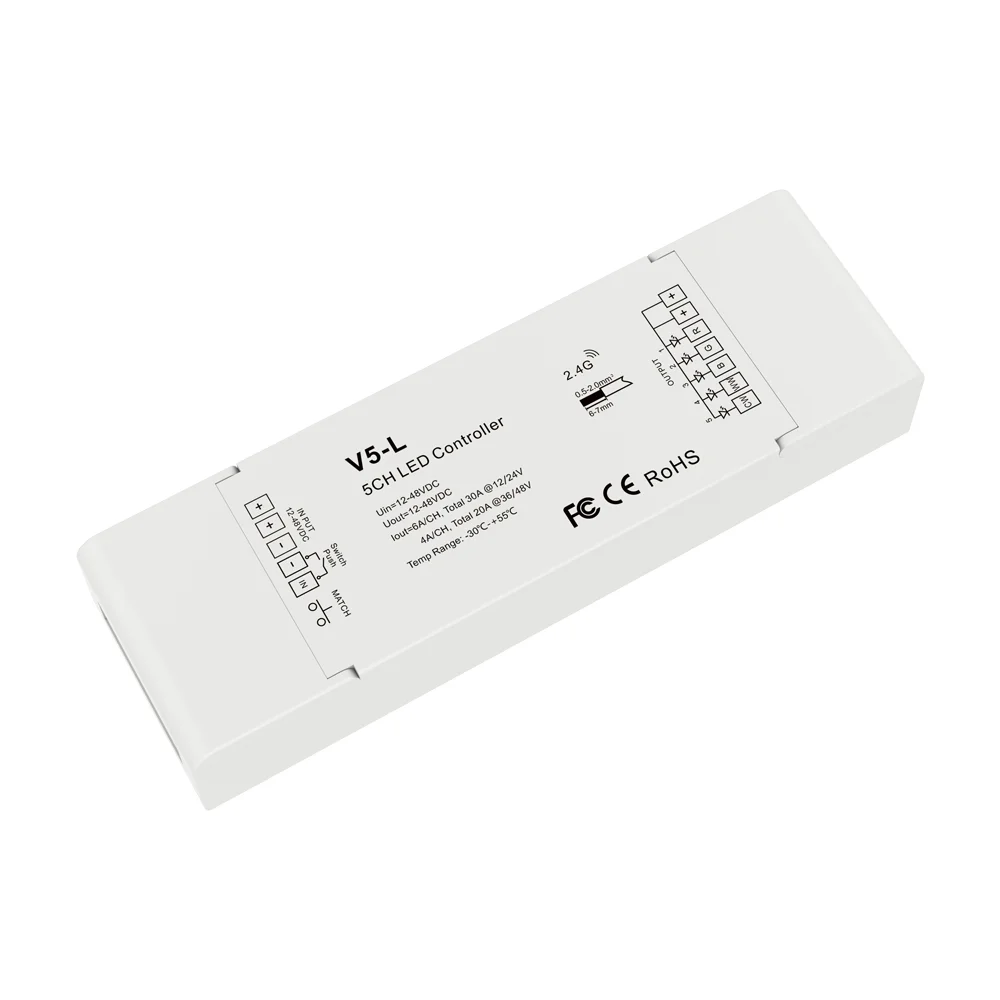 Skydance V5-L 12-48VDC 5-канальный 5 в 1 RGB + CCT светодиодный RF контроллер 30A RGBW диммер