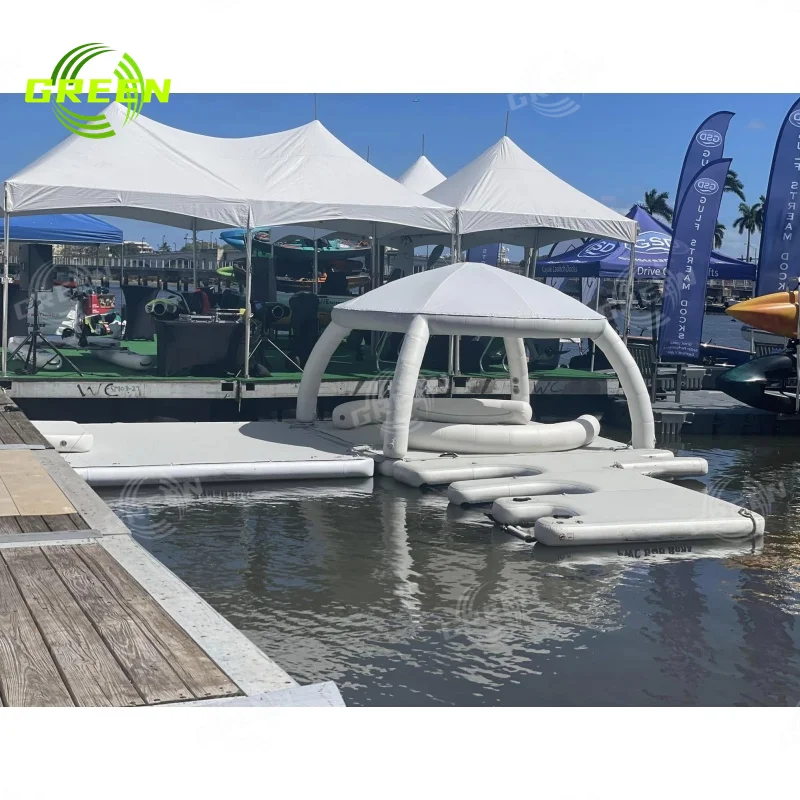 Green inflatable floating slide fish rooftop car tent air lounge chair bathing swim covered circle pool custom inflatable island