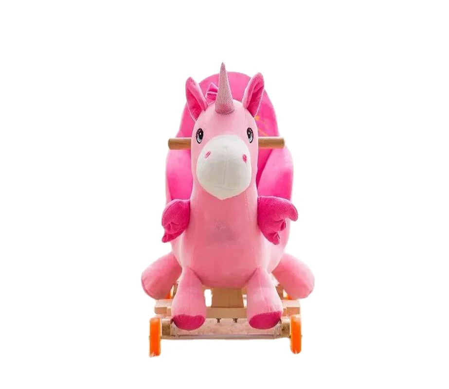 60*35*50cm Adorable ICTI and Sedex audited new design plush rocking pink unicorn animal chair toy with wooden base&music