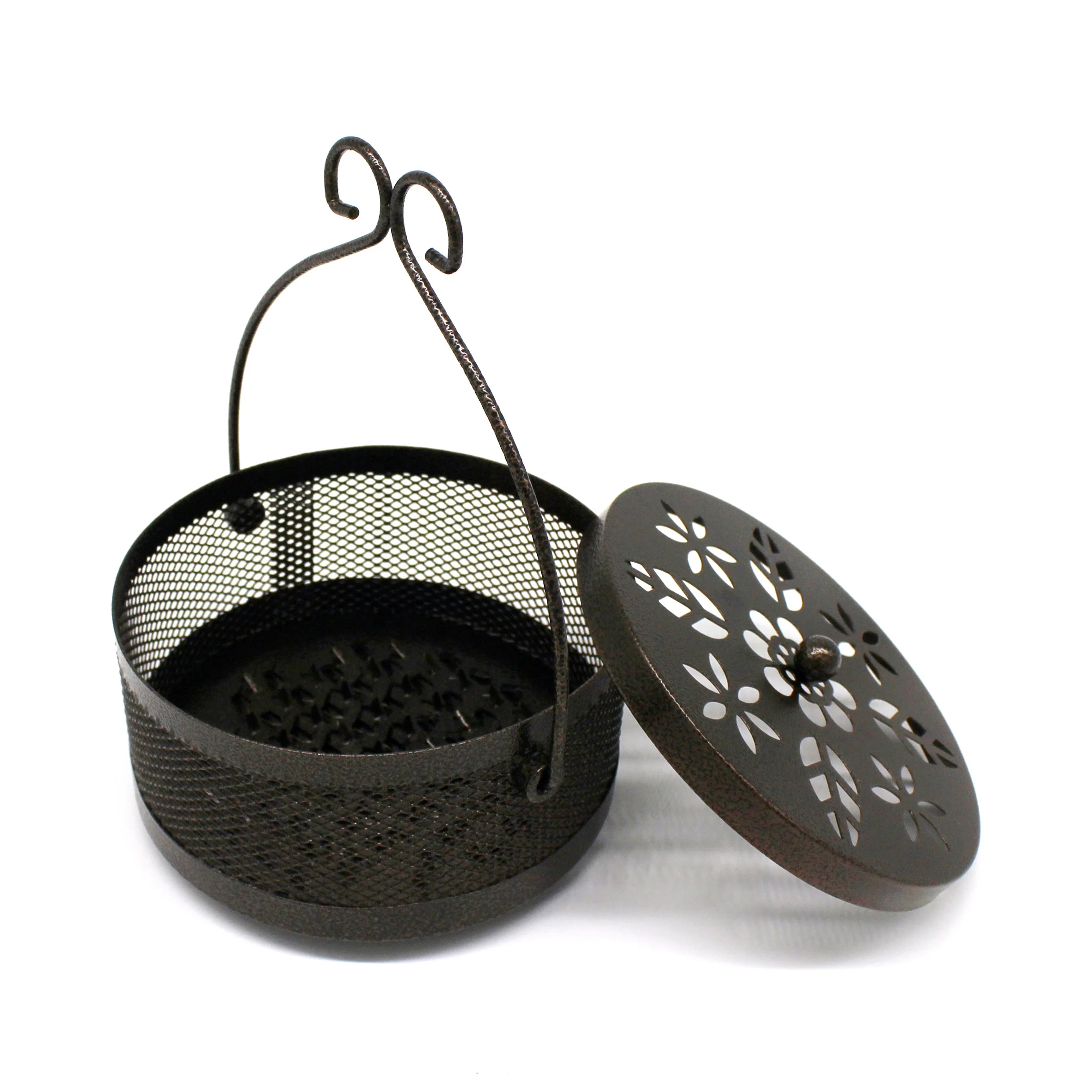 Retro Portable Mosquito Coil Holder Metal Fireproof Incense Burner with Lid and Handle, Bronze