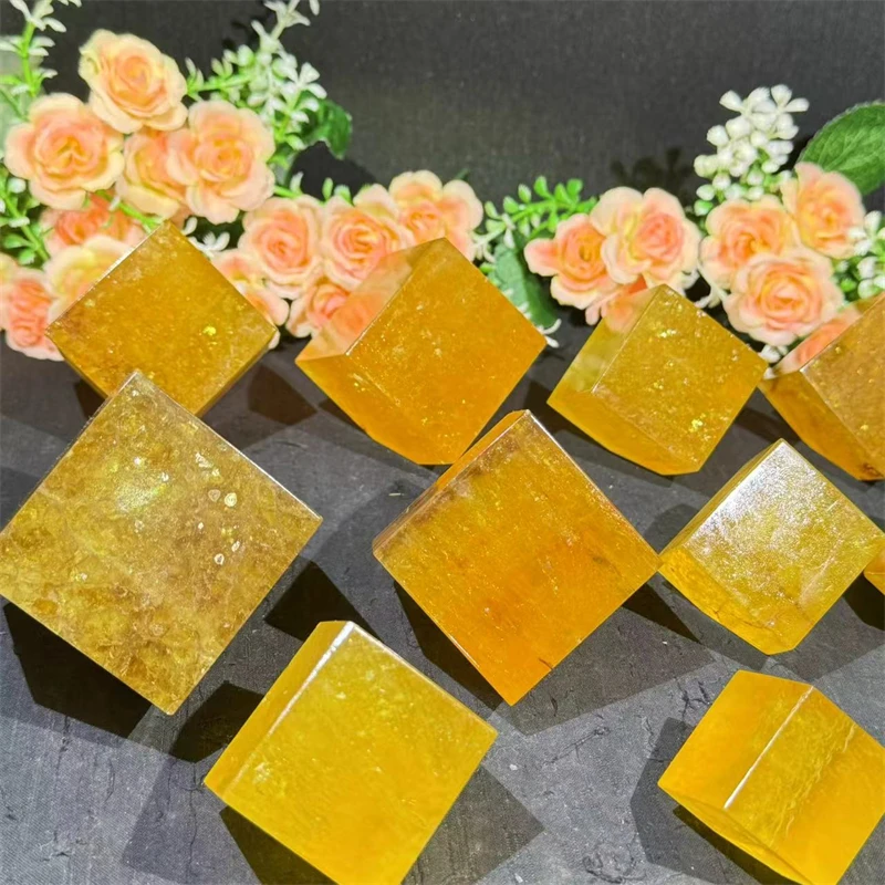 New arrivals hand carved Yellow Fluorite With Mica Cube Natural Crystal Cube For Gifts