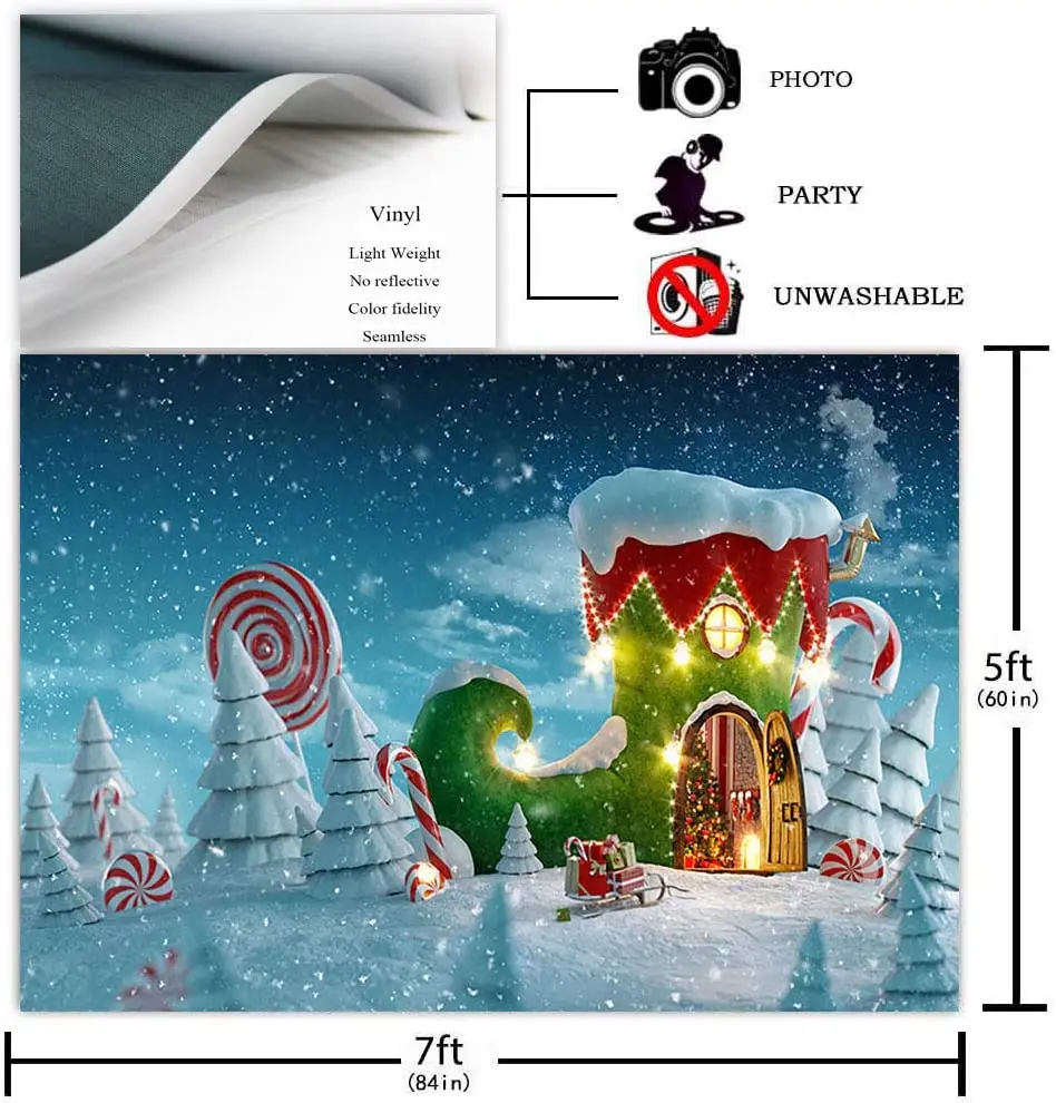 Winter snow scene background photography 2.1 x 1.5 m Christmas candy Santa Claus decoration snowflake suitable for photo booth