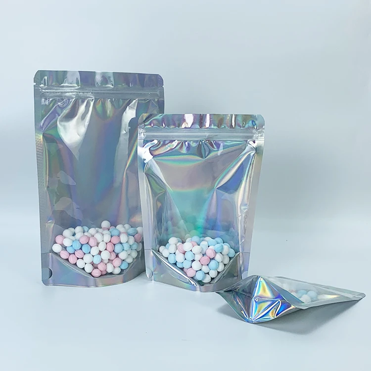 Holographic Mylar Ziplock Bags/ Aluminum Foil Hologram Food Pouch/ Stand up Zipper Reclosable Holographic Bag with Zip