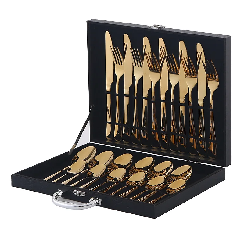 BST Custom logo 24 pcs flatware tableware fork knife spoon luxury cutlery set stainless steel with black wood gift box