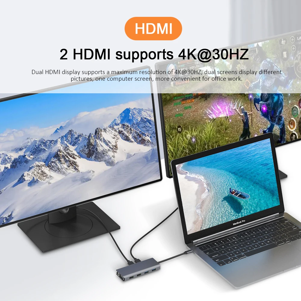 12 в 1 MST концентраторы usb из алюминиевого сплава с 4 * USB-A + 2 * HD TV 4K + 1 * VGA + 1 * RJ45 1000 Мбит/с + TF/SD + 1 * аудио + 1 * PD 60 Вт адаптер usb-концентратора