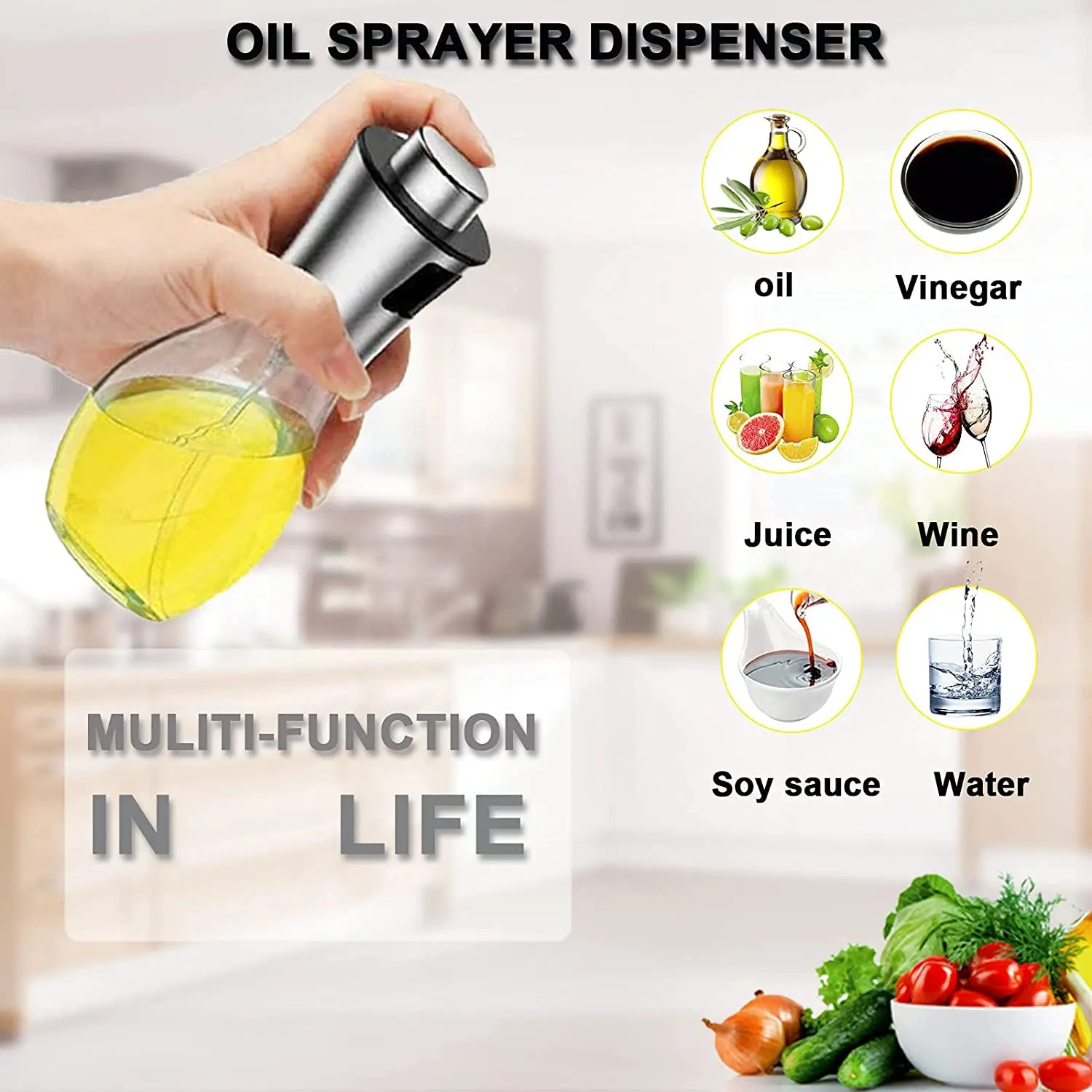 Hot Selling 200ML Oil Pump Glass Bottles Kitchen Baking Cooking Oil Vinegar Mist Sprayer Silver Stainless Steel 304 Oil Sprayer