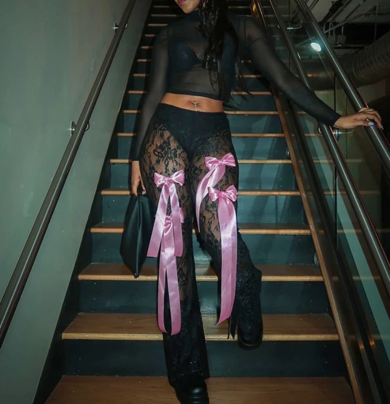 DT051-womens 2024 summer fashion lace bow sexy pants for ladies tights leggings for women