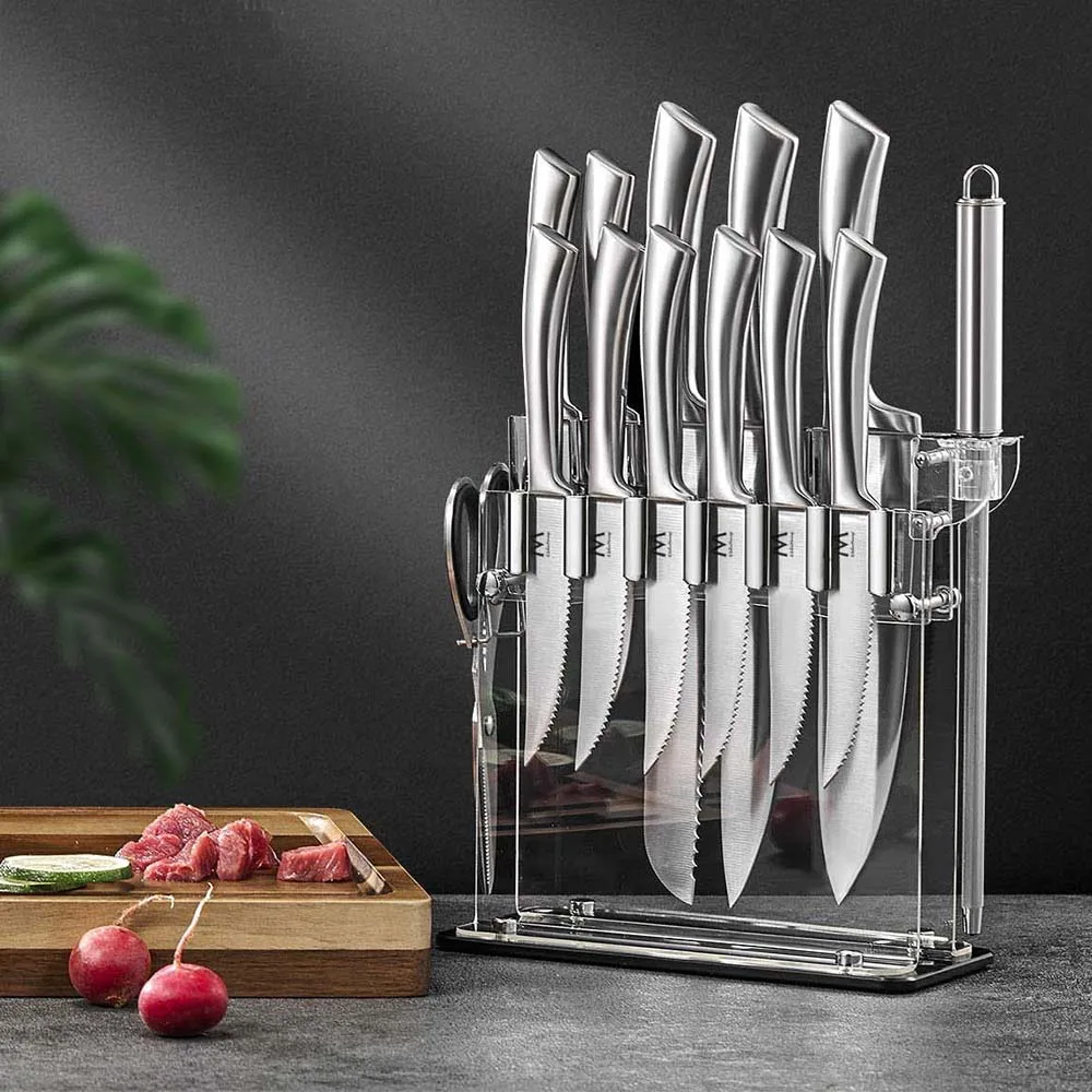 Pisau Messer Facas 14 шт. блок набор кухонных ножей с ножницы Точилки для классический термос из нержавеющей стали пустотелой ручкой